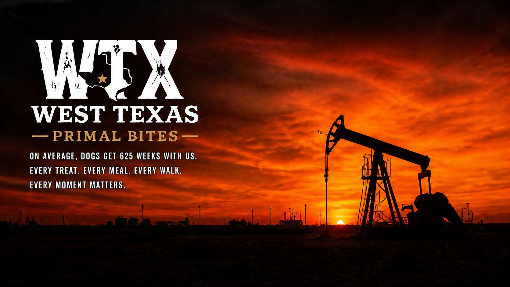 West Texas sunset with a pump jack and the West Texas Primal Bites 625 weeks message